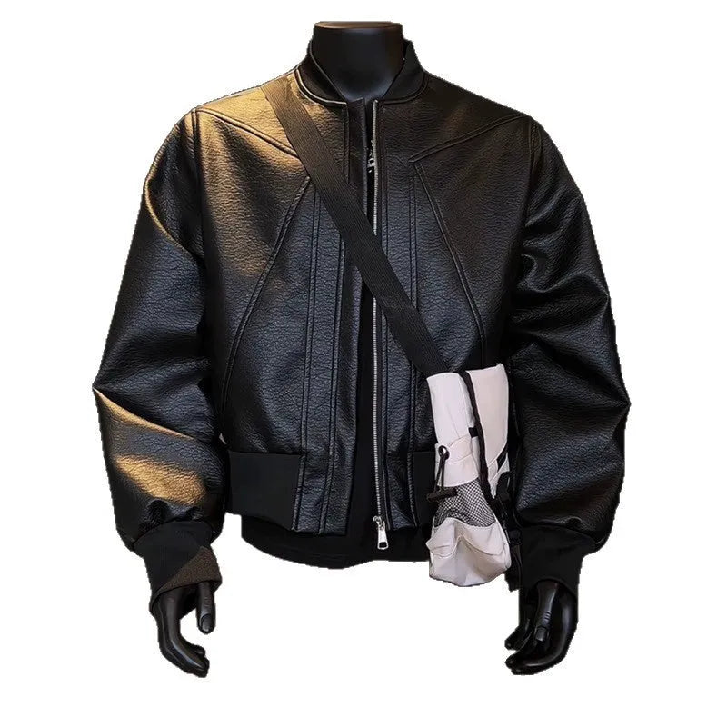 Men's black PU leather jacket with litchi texture and extended 100cm length in slim fit.