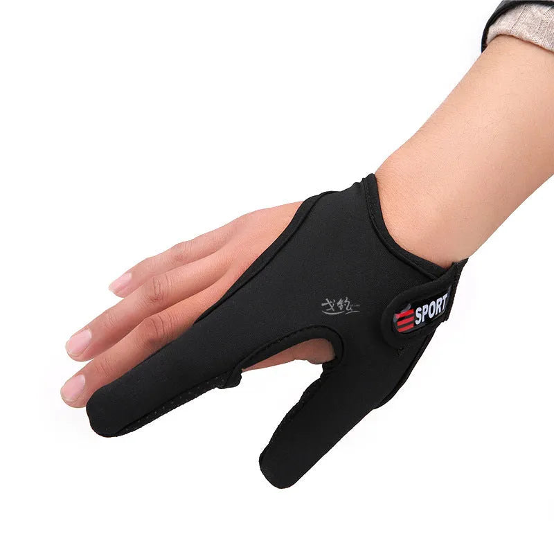 A single two-finger fishing glove with a dark microfiber palm and a camouflage diving cloth back.