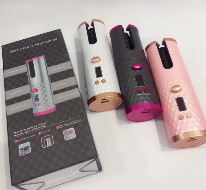 Portable USB charging curling iron with gold ceramic barrel in white, pink, or grey