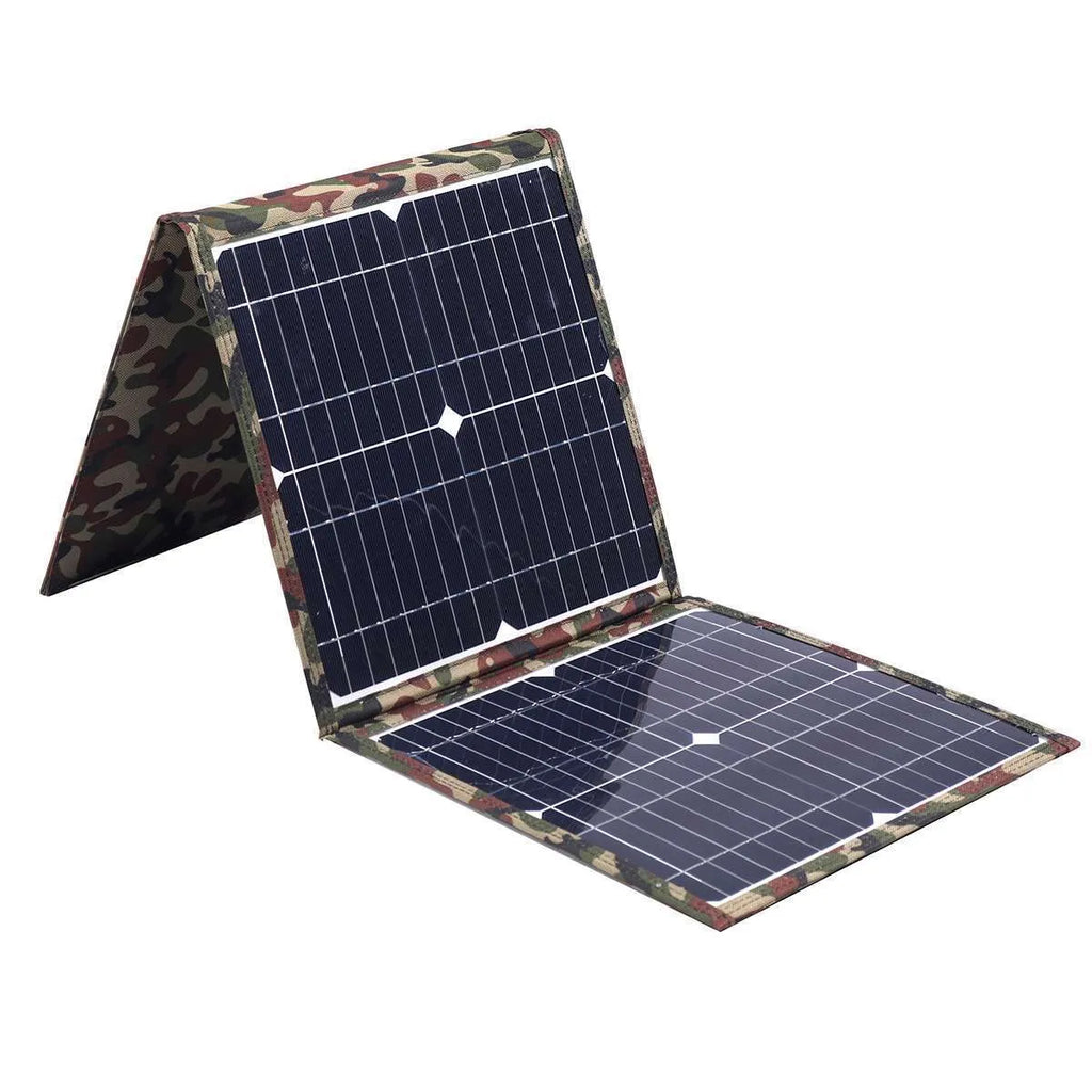 36W black foldable solar panel with charging accessories including car charger and cables