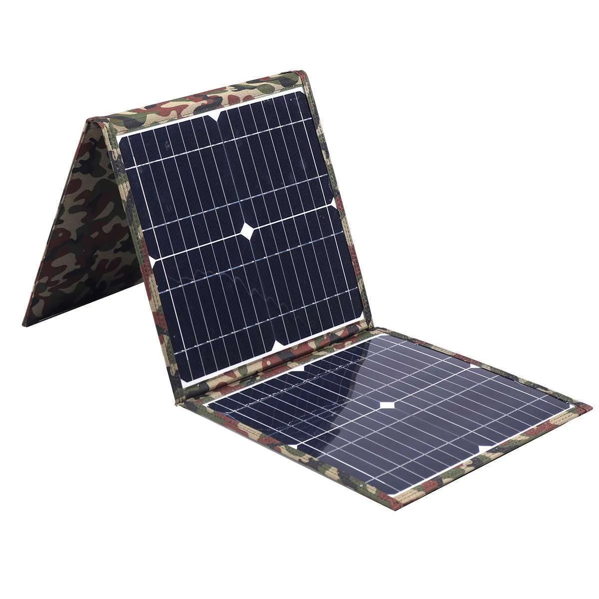 36W black foldable solar panel with charging accessories including car charger and cables