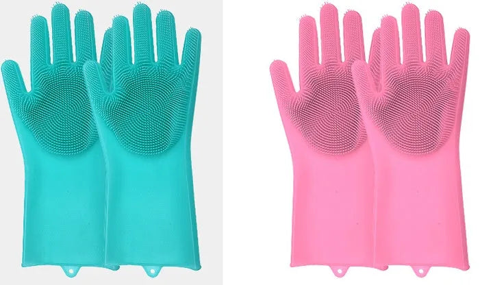 Blue silicone scrubbing gloves showing textured palm and finger surfaces for cleaning