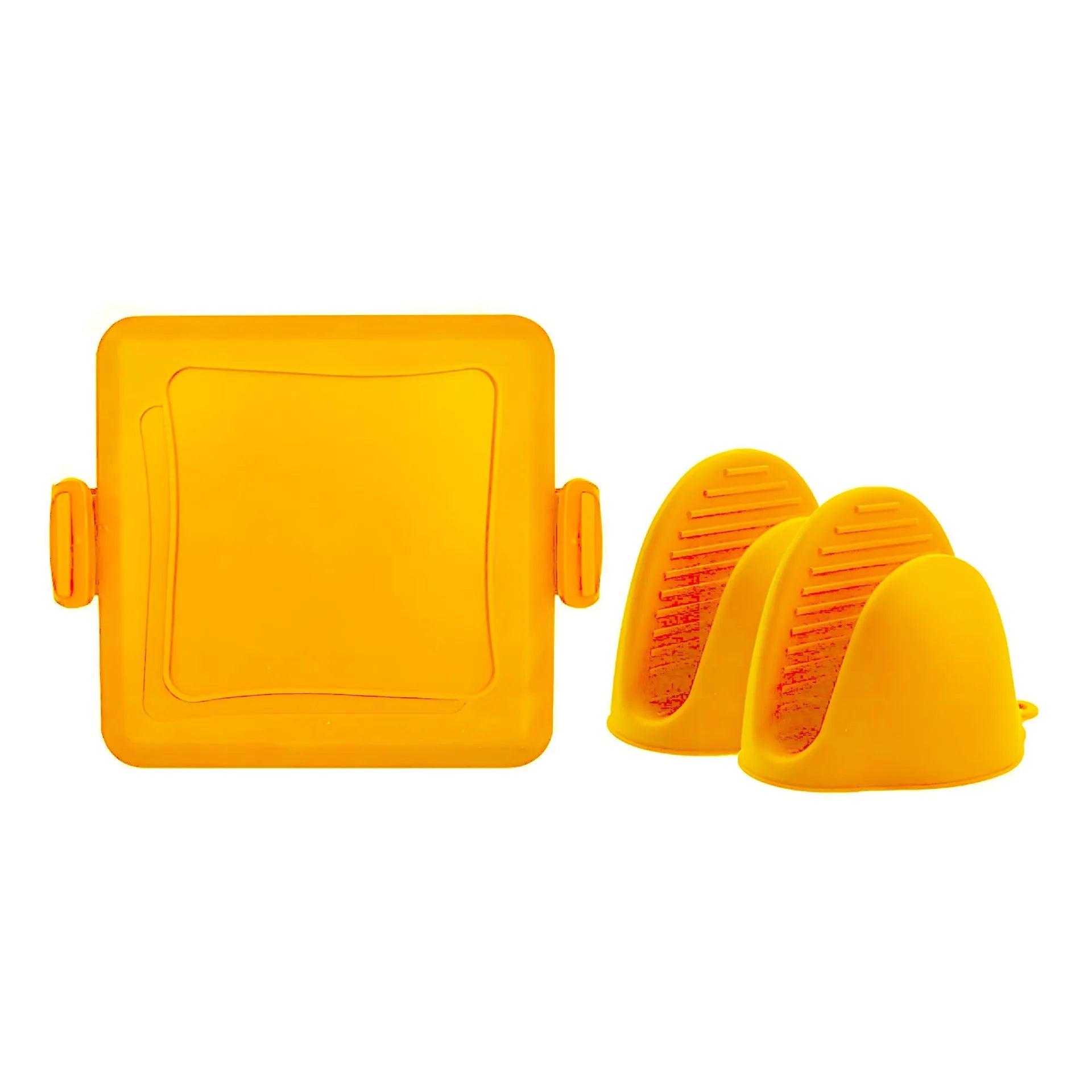 Red silicone baking tray with hand clamp attachment showing anti-scald design
