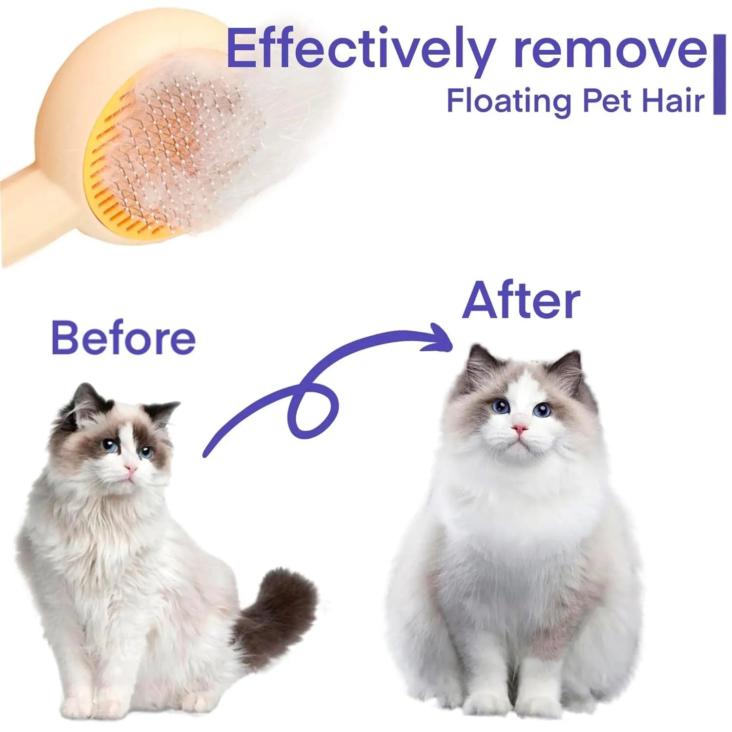 Blue self-cleaning pet grooming brush with metal pins and a button for hair removal