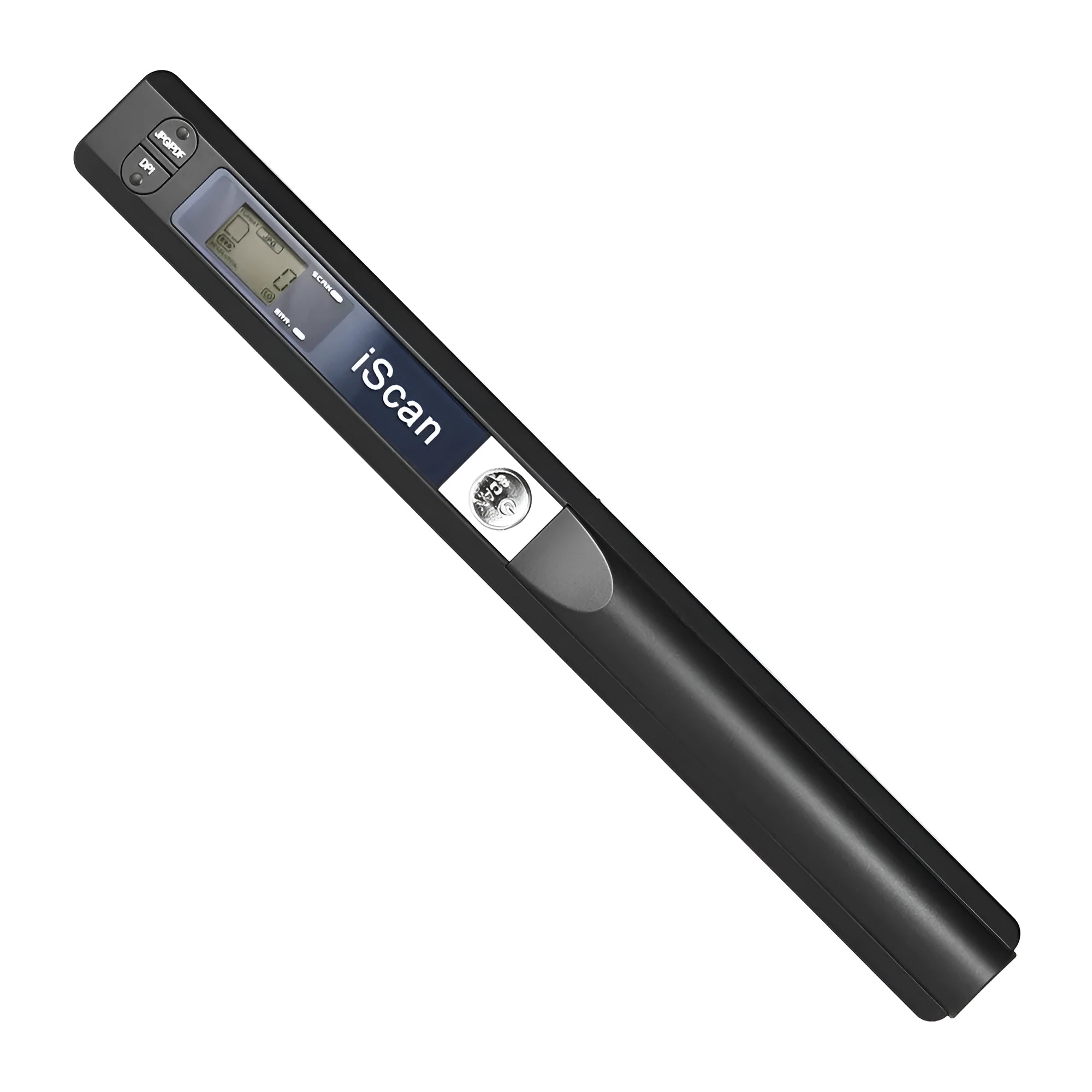 Handheld plastic barcode scanner in black, blue, green, red or silver colour with trigger button