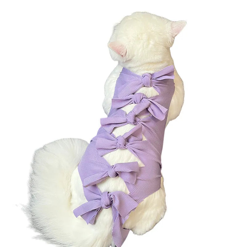 Lace-up polyester cat sterilisation recovery clothing shown in blue on a mannequin.