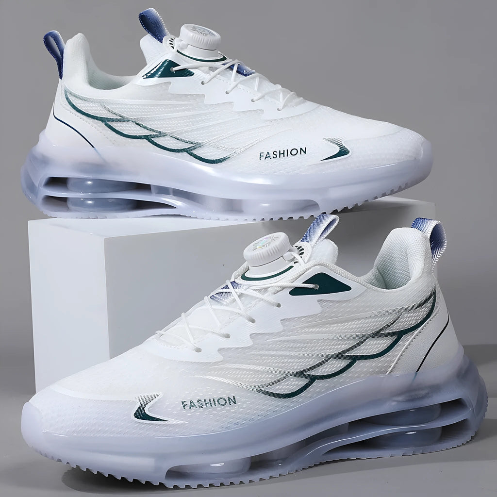 White youth sports shoes with rotating button fastening and mesh upper