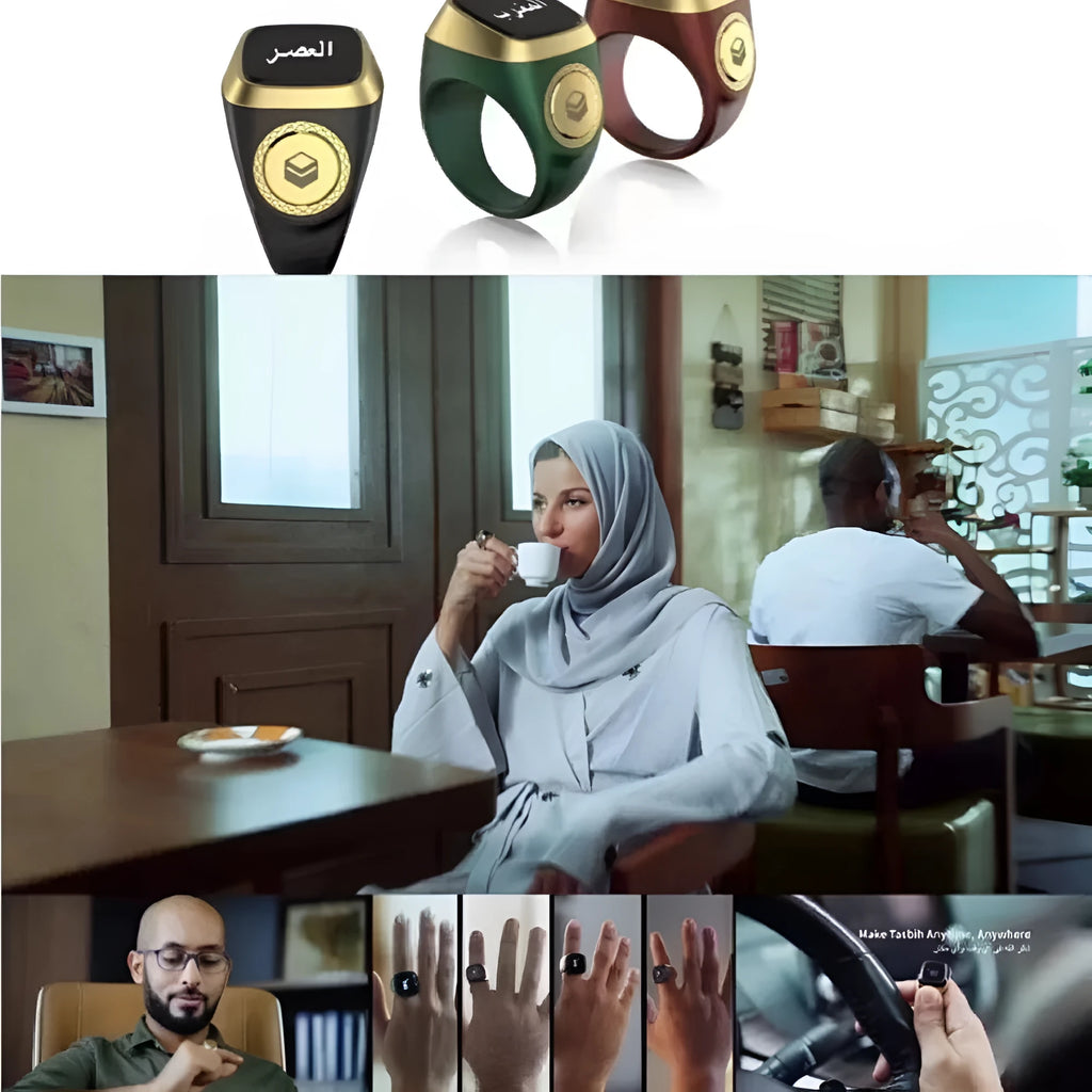 Zikr1 smart Islamic prayer ring in silver on a hand, showing its OLED display and single button.