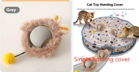 Silicone rolling ball cat toy in red, green, or grey colours, some variants with an attached rope.