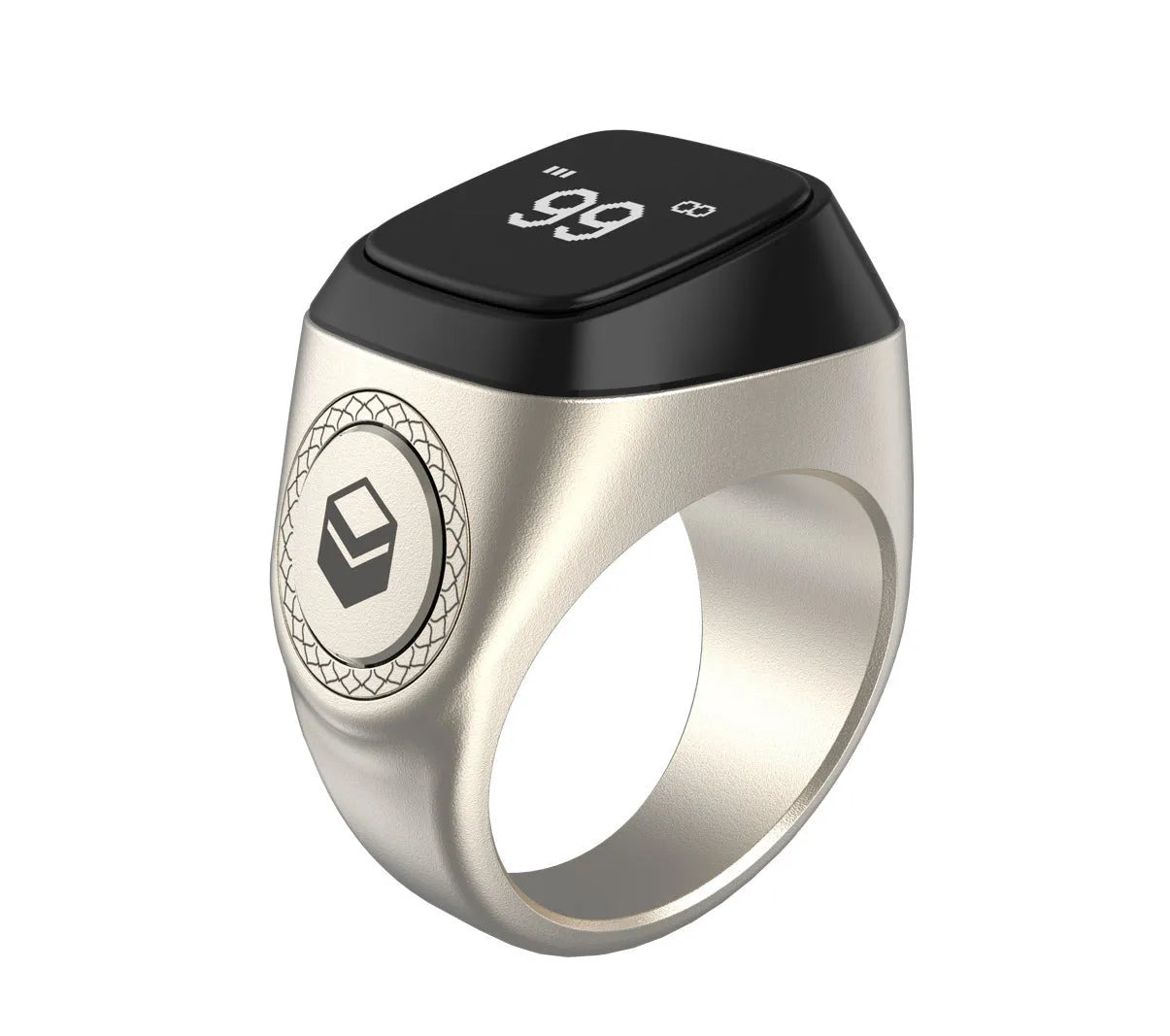 Zikr1 smart Islamic prayer ring in silver on a hand, showing its OLED display and single button.