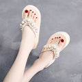 Women's high-heeled flip-flops in beige or black with cotton cloth upper