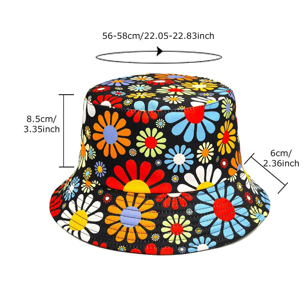 Colourful retro flower print polyester bucket hat with dome crown on white background.