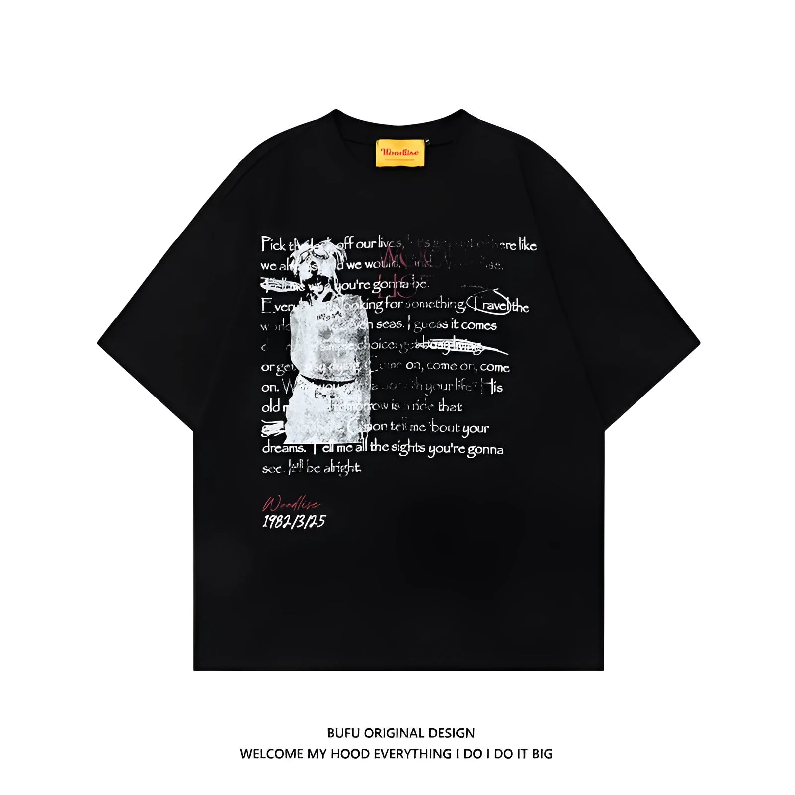 Men's black hip hop style loose T-shirt with white printed letters design and raglan sleeves