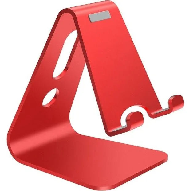 Aluminium alloy universal phone and tablet stand in black, red, rose gold, and silver colour options.