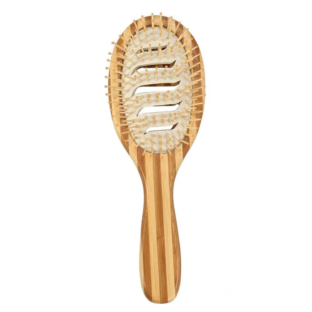 Natural bamboo scalp massage comb with round nylon teeth and rubber pad on neutral background