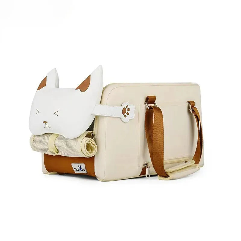 Beige hard-sided outdoor pet carrier with EPE padding, dimensions 43x25x22.5 cm