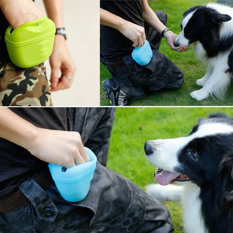 Silicone dog training treat pouch with clip and magnetic closure in assorted colours