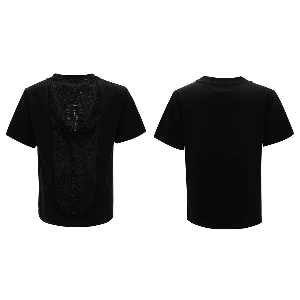 Men's drum black V-neck t-shirt with hollow out design and loose fit
