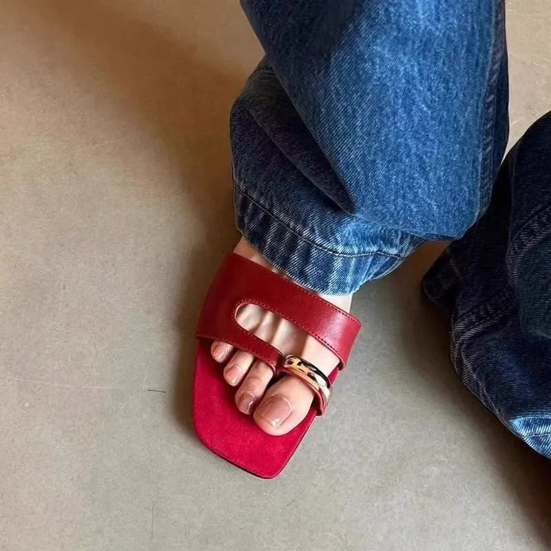 Plus size square head leather slippers with rubber sole in black colour