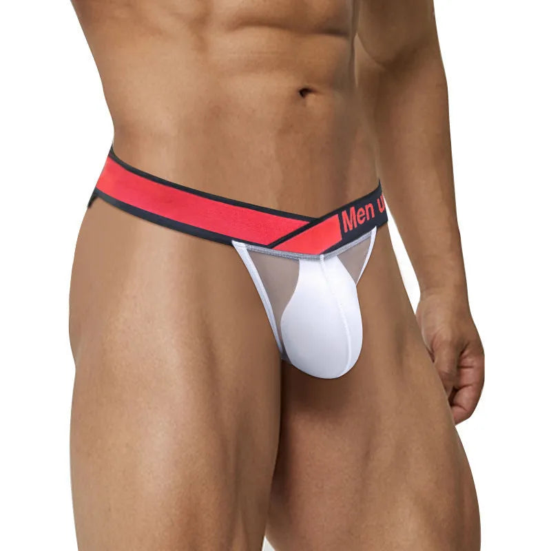 Men's transparent ice silk underwear with large V gradient front in red, black and white colours