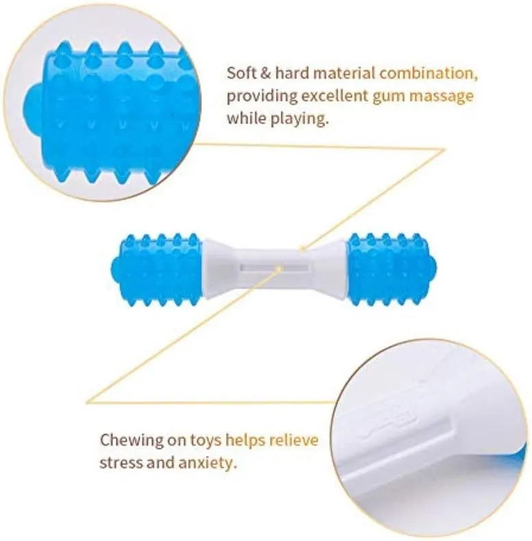 Dual-colour TPR rubber puppy teething chew toy for moderate chewers, shown in sizes small, medium, and large.