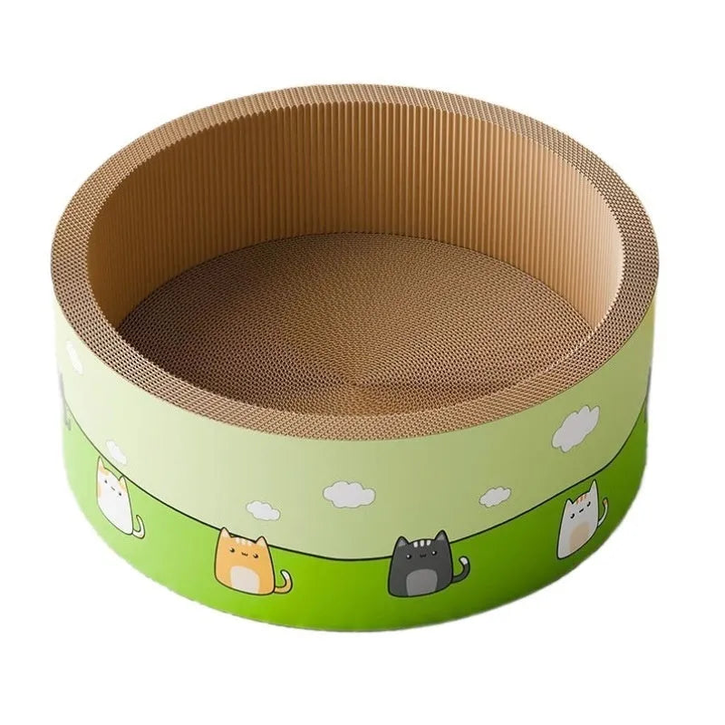 Large round cat scratch board with a deep central pit, made from brown corrugated cardboard.