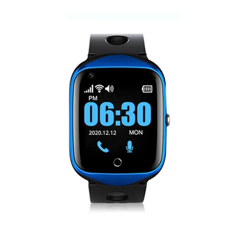 Elderly safety watch with square screen and silicone strap showing black, blue, and silver colour options