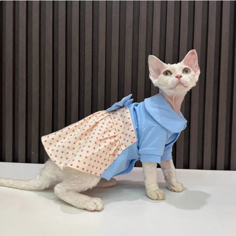 Hairless cat wearing a polka dot cotton blend bow skirt, available in sizes XS to XXXL for cats 0.75kg to 6.75kg