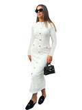French retro slim fit knitted long-sleeved dress in black, featuring button front and mid waist.