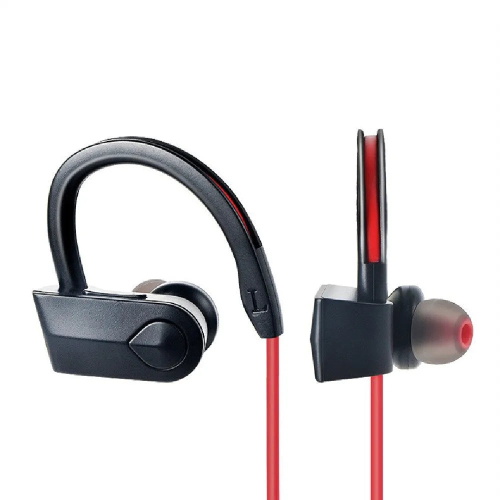 Black wireless Bluetooth neckband earphones with earpieces showing, placed next to a USB charging cable on a white background.