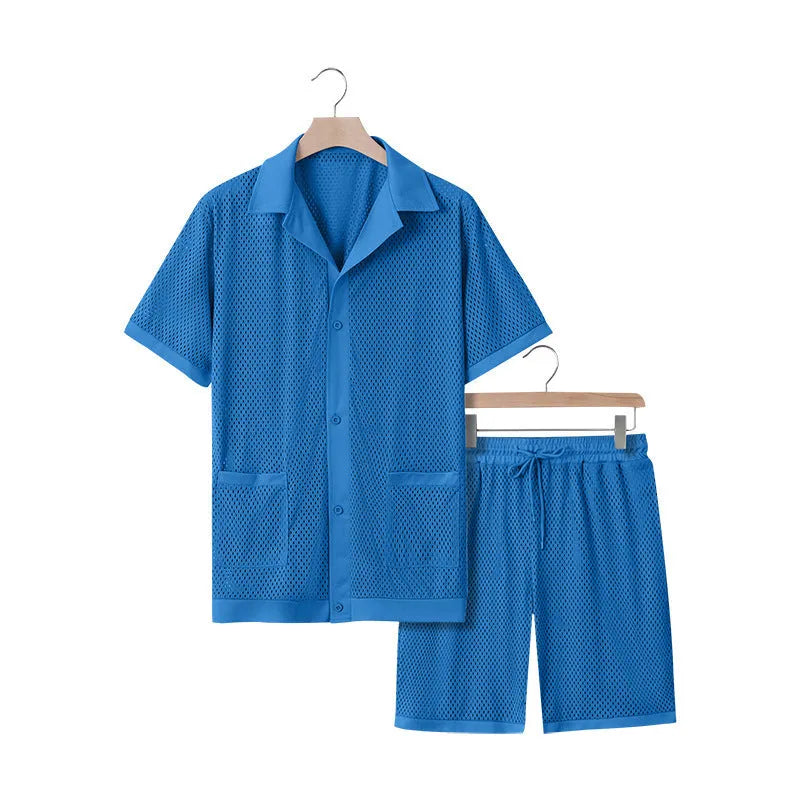 Lake blue see-through beach dress with matching cardigan and shorts set on a model.