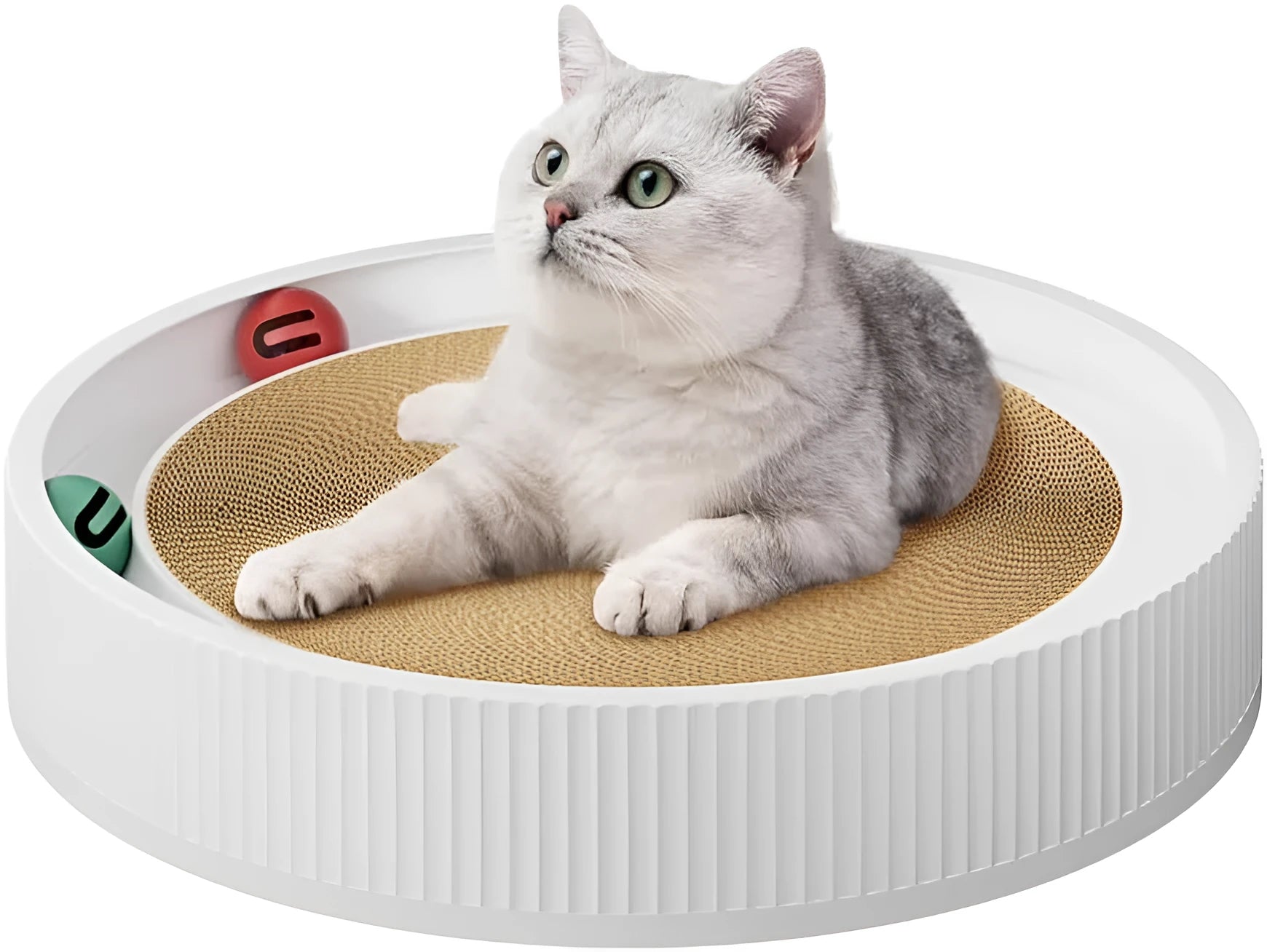 Large green circular cat scratching board with ball toys and a white replaceable core for indoor cats