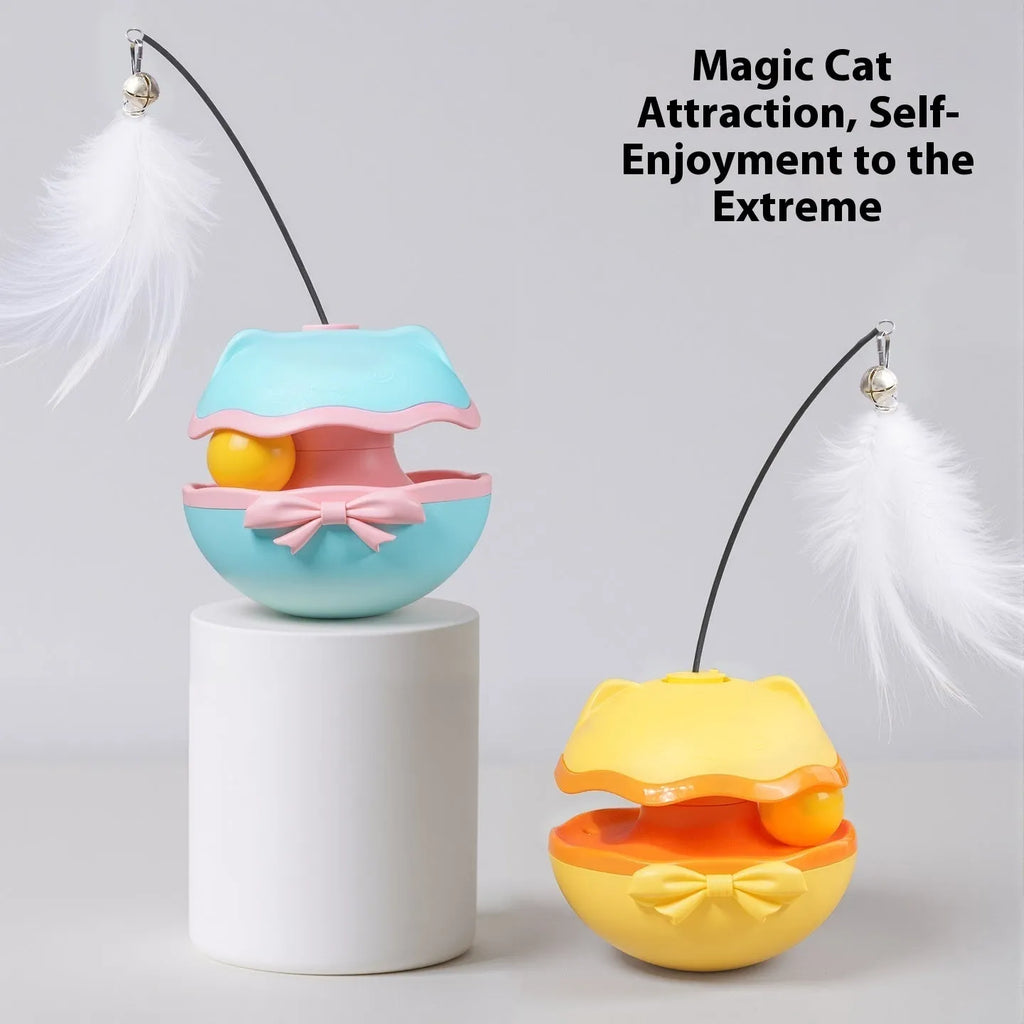 Electric cat toy tumbler with self-hi teaser in lemon yellow, sky blue, or soft fog grey plastic