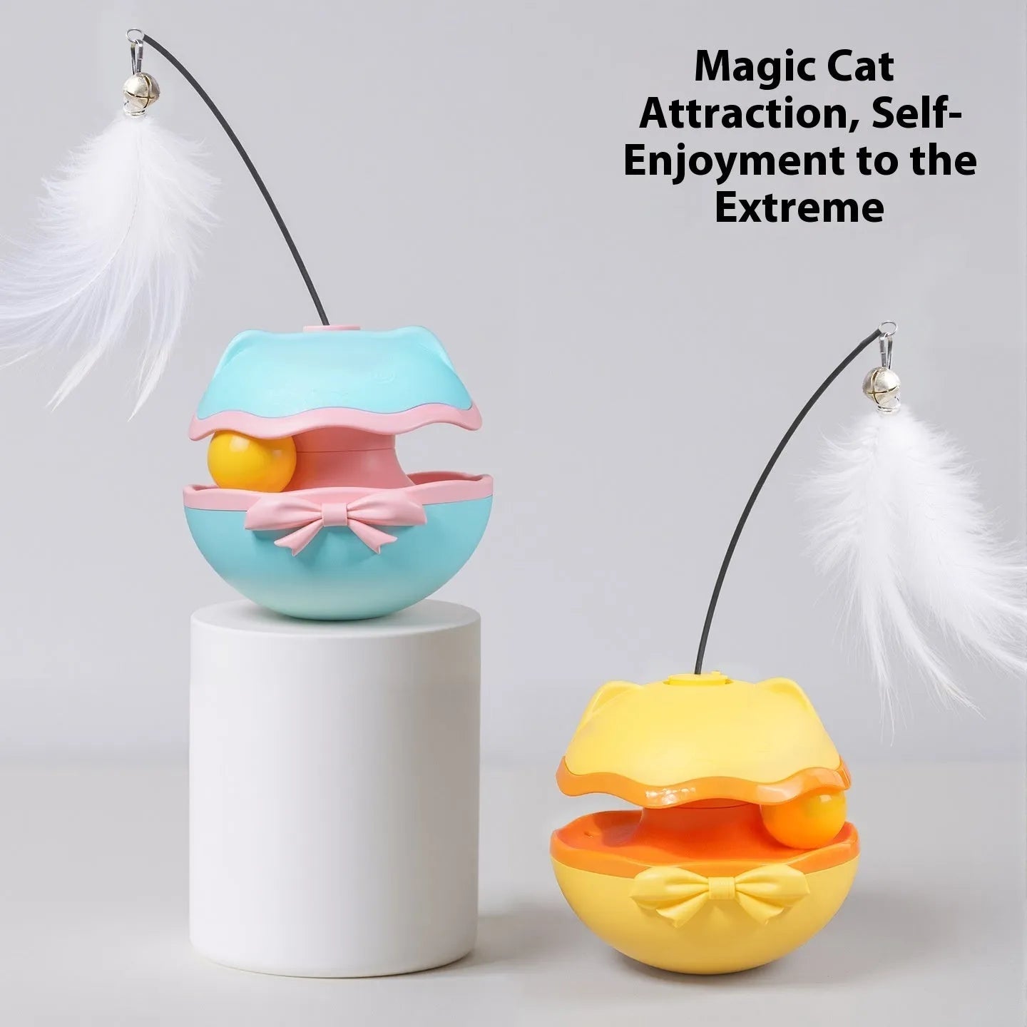 Electric cat toy tumbler with self-hi teaser in lemon yellow, sky blue, or soft fog grey plastic