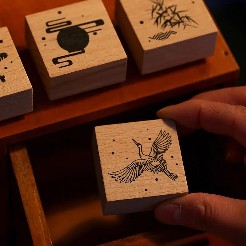 Mr. Paper Wooden Seal Stamp in Crane on the Moon design from the Huahegui series.