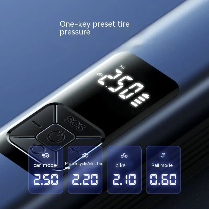 Wireless car air pump with digital display featuring vacuum cleaner function and emergency lighting