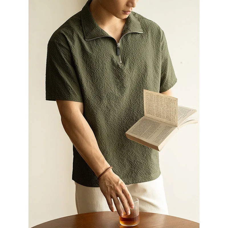 Men's loose fit ice silk T-shirt in cedar green with short sleeves and quick-dry polyester fabric