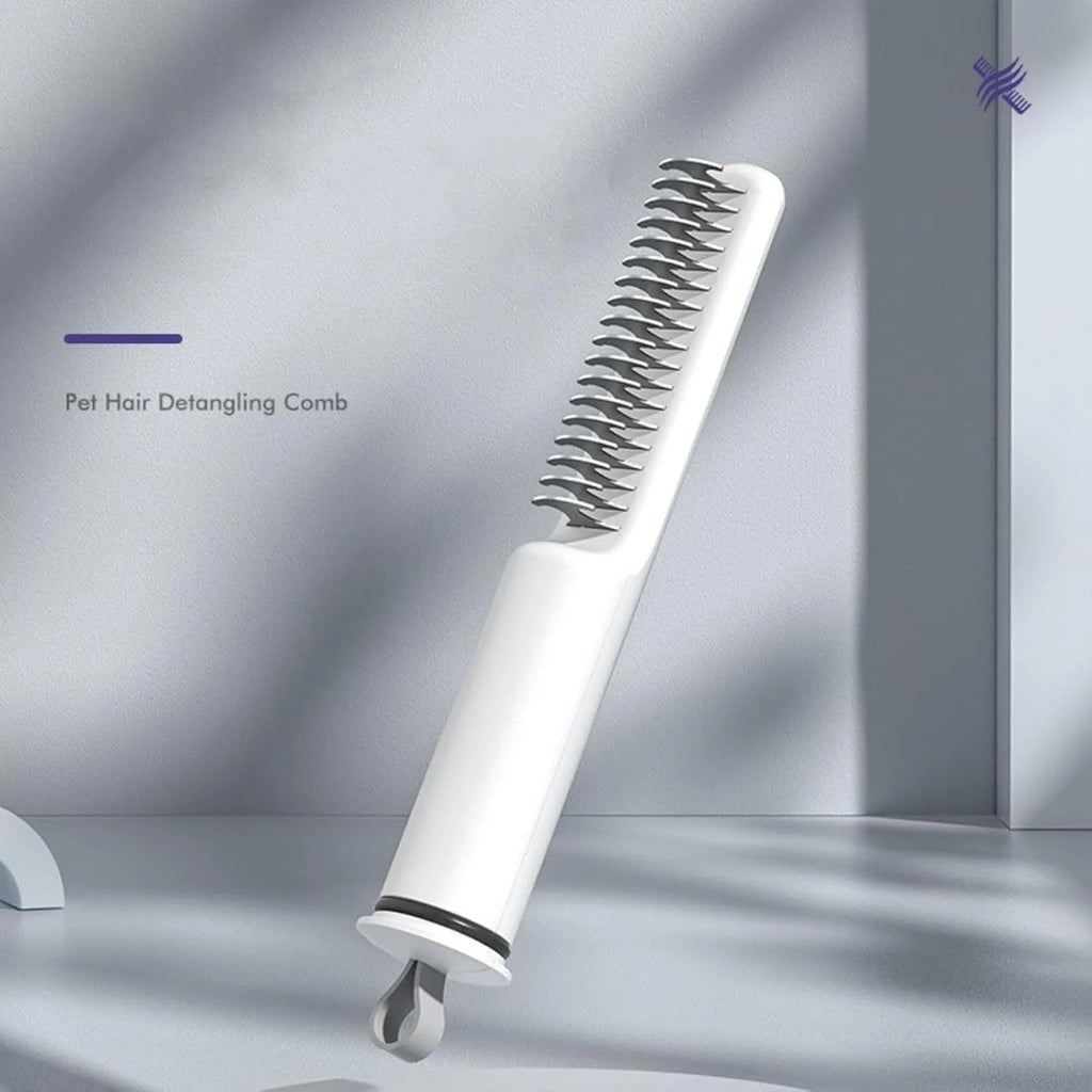 Stainless steel dog dematting comb with ergonomic handle on a white background