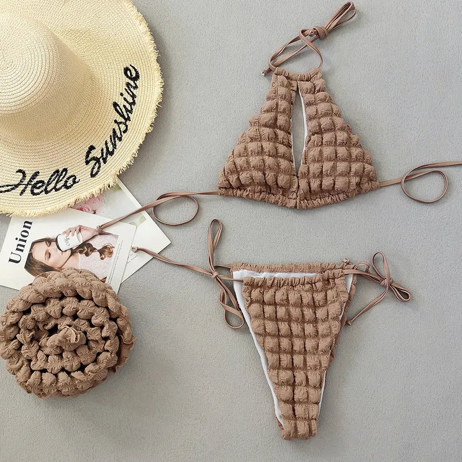 Brown seersucker three-piece bikini with lace-up top, pants, and skirt for women