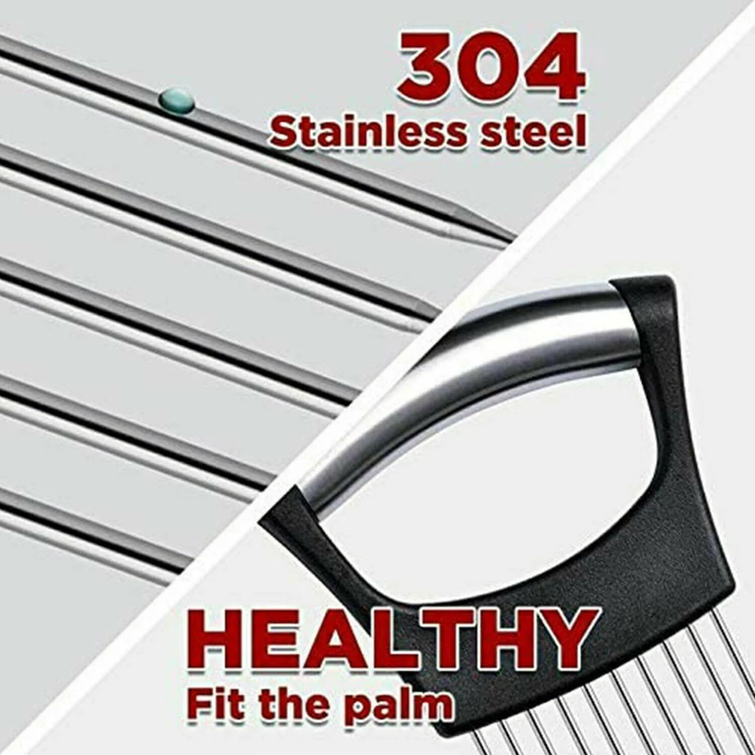Stainless steel food slice assistant with ABS handle for stabilising onions and tomatoes during cutting