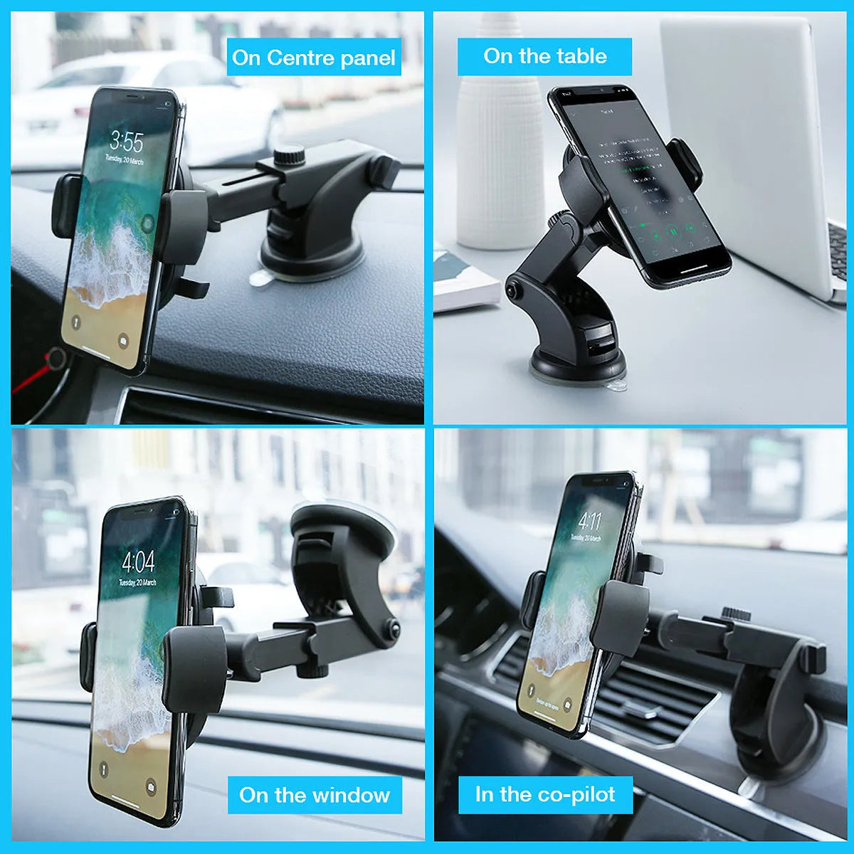 Yellow car phone holder with telescopic arm and suction cup mount on textured dashboard