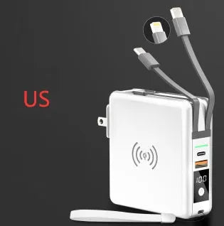 PD20W fast power bank with wireless charging and built-in plug in black or white colours