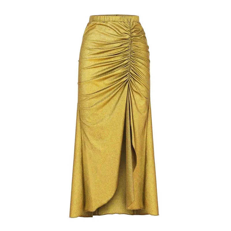 Yellow and green women's high waist two-piece bikini swimsuit with a separate skirt laid flat.