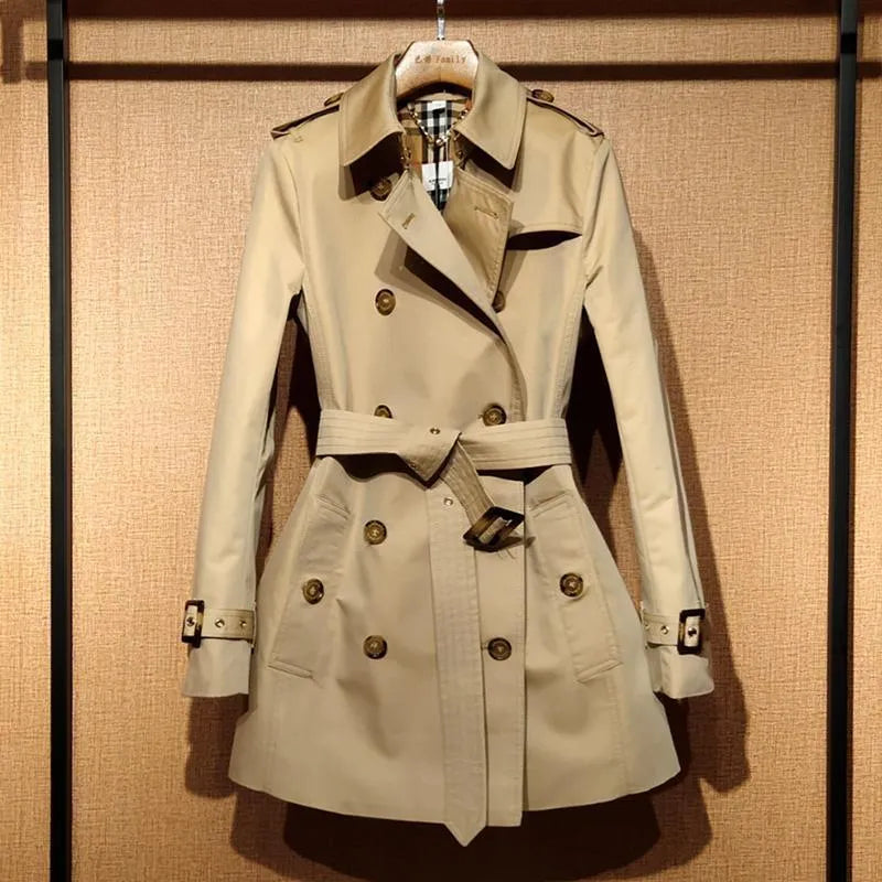 Women's khaki trench coat with double-breasted front and flight sleeves