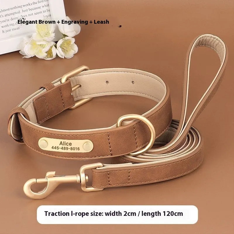 Blue double-layer leather dog collar and matching leash on a tan background
