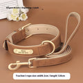 Blue double-layer leather dog collar and matching leash on a tan background