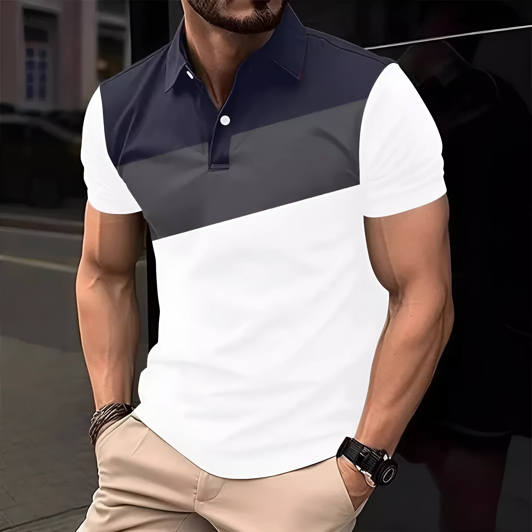 Man wearing a loose-fit short sleeve t-shirt with a 3D digital printed pattern in colour LM-PL047.