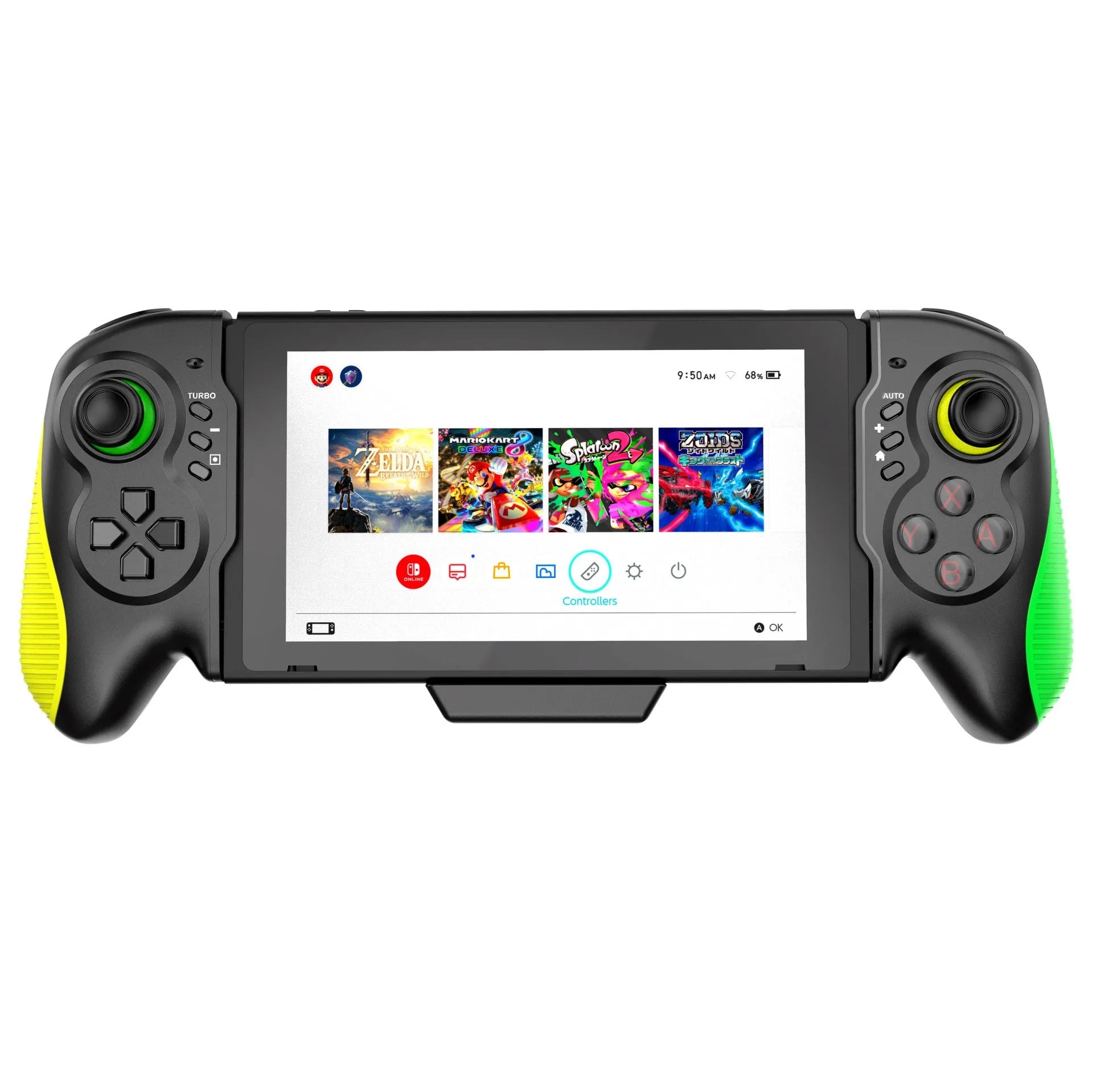 Yellow-green gaming controller with in-line handle design for Nintendo Switch and PC gaming