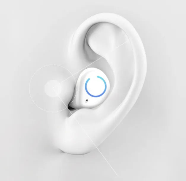 Black and white M18 true wireless in-ear stereo headphones with charging case.