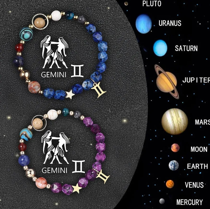 Set of twelve natural stone beaded bracelets featuring different zodiac sign designs